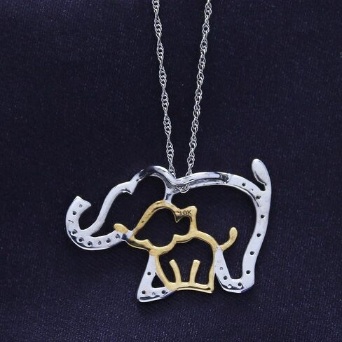 AFFY Round White Natural Diamond Mother & Baby Elephant Pendant Necklace in 10K Solid Gold, With 18" Chain Gift For Her in Saudi Arabia