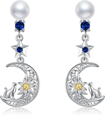 POPLYKE 925 Sterling Silver Cat Pearl Earrings, Moon Pearl Earrings, Valentine's Day Mother's Day Gift in Saudi Arabia