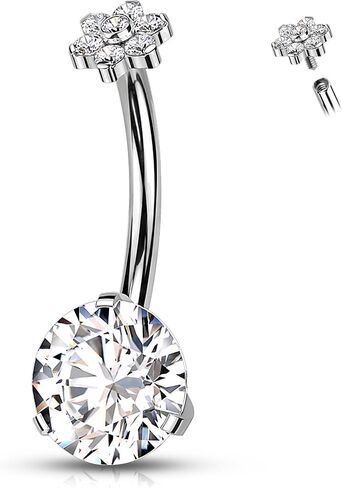 Melighting Titanium Belly Button Ring 14G Flower Belly Ring Internally Threaded G23 Titanium Belly Piercing Hoop Clear CZ 10mm Navel Barbell Body Piercing Jewelry in Saudi Arabia