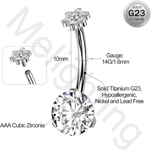 Melighting Titanium Belly Button Ring 14G Flower Belly Ring Internally Threaded G23 Titanium Belly Piercing Hoop Clear CZ 10mm Navel Barbell Body Piercing Jewelry in Saudi Arabia