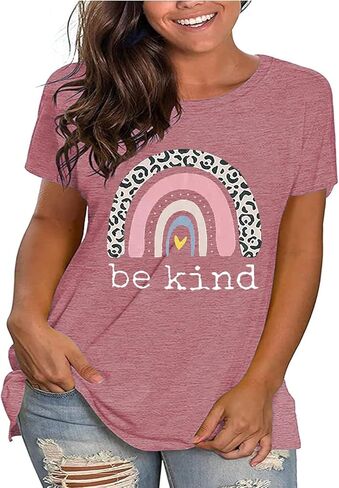 تي شيرت نسائي مقاس كبير Be Kind تي شيرت لطيف بألوان قوس قزح تي شيرت مضحك للمعلم بأكمام قصيرة قميص ملهم لطيف in Saudi Arabia