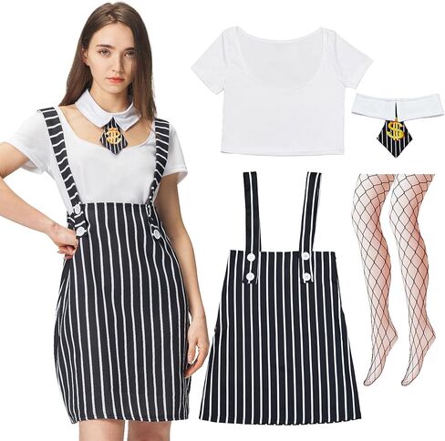 Women 1920s Gangster Costume, Mr Mobster Dress T Shirt Collar Fishnet Stockings Set Mafia Outfit for Halloween in Kuwait