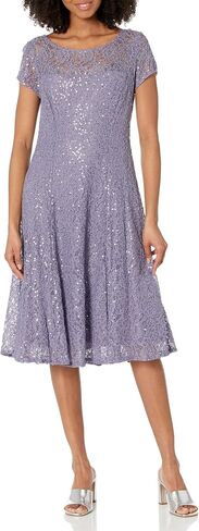 S.L. Fashions Women's Tea Length Cap Sleeve Sequin Lace A-Line Dress in Saudi Arabia