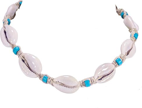 BlueRica Hemp Cord Choker Necklace with Cowrie Shells and Blue Fimo Beads in Saudi Arabia