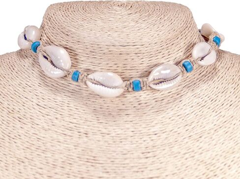 BlueRica Hemp Cord Choker Necklace with Cowrie Shells and Blue Fimo Beads in Saudi Arabia