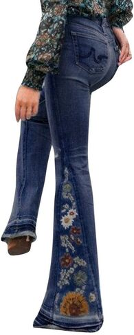 المرأة عالية مخصر جرس أسفل الجينز متوهج السراويل الجينز المطرزة تمتد واسعة الساق الجينز Bootcut الجينز للنساء جرس أسفل الجينز للنساء الجينز الفضفاضة Y2k الجينز (أزرق داكن، XXL) in Kuwait