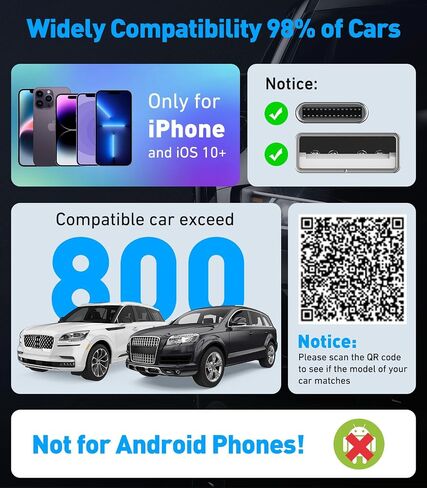 محول Carplay اللاسلكي، يحول دونجل Carplay السلكي إلى لاسلكي لتوصيل التحكم اللاسلكي وتشغيل Carplay مناسب للسيارات من عام 2017 ولجهاز Apple iPhone iOS 10+، والملاحة الأصلية، والموسيقى، وما إلى ذلك. أسود in Saudi Arabia