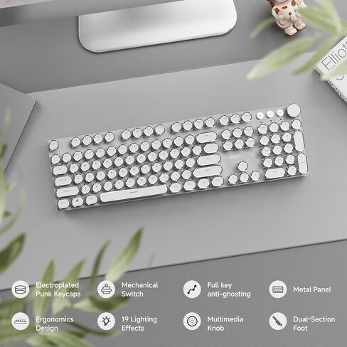 EWEADN Typewriter Style Mechanical Gaming Keyboard, Wired Mechanical Keyboards,104 Keys Backlit LED Keyboards, Media Control Knob, Wired Computer Keyboard White Switch for Windows/Mac/PC-Dark Pink in Saudi Arabia