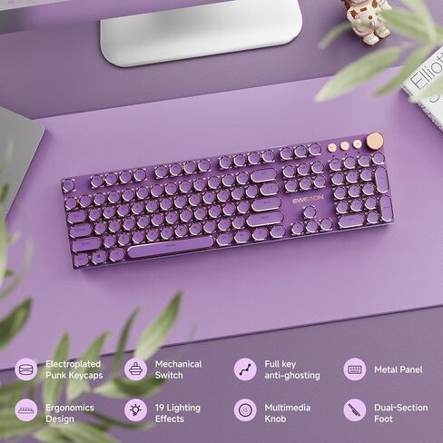 EWEADN Typewriter Style Mechanical Gaming Keyboard, Wired Mechanical Keyboards,104 Keys Backlit LED Keyboards, Media Control Knob, Wired Computer Keyboard White Switch for Windows/Mac/PC-Dark Pink in Saudi Arabia