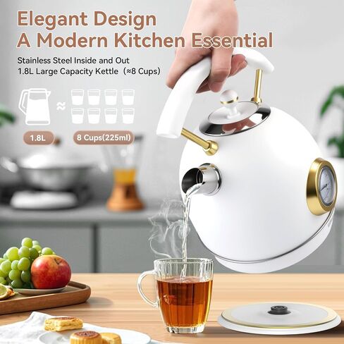 Rasonic Classic Retro Electric Kettle, 1.8L Stainless Steel, 1500W Fast Quiet Boiling, Temperature Gauge, LED Light, Auto Shut-Off, Home & Office Use - White and Champagne Gold in Saudi Arabia