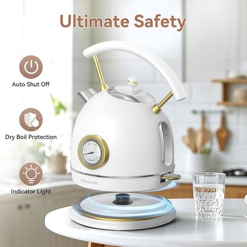 Rasonic Classic Retro Electric Kettle, 1.8L Stainless Steel, 1500W Fast Quiet Boiling, Temperature Gauge, LED Light, Auto Shut-Off, Home & Office Use - White and Champagne Gold in Saudi Arabia