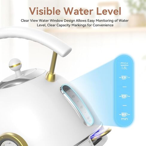 Rasonic Classic Retro Electric Kettle, 1.8L Stainless Steel, 1500W Fast Quiet Boiling, Temperature Gauge, LED Light, Auto Shut-Off, Home & Office Use - White and Champagne Gold in Saudi Arabia