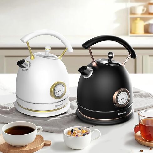 Rasonic Classic Retro Electric Kettle, 1.8L Stainless Steel, 1500W Fast Quiet Boiling, Temperature Gauge, LED Light, Auto Shut-Off, Home & Office Use - White and Champagne Gold in Saudi Arabia
