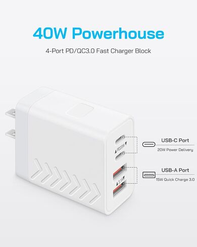 40W USB C Block Charger | كتل شحن سريعة 4 منفذ (2 USB-C + 2 USB-A) | PD3.0/QC3.0 شاحن جدار مضغوط لـ I Phone 16/14/14/13/11/11/X/8 ، Galaxy S25/S24/S23/S22 ، I Pad ، Pods Air & More (2-pack) in Saudi Arabia