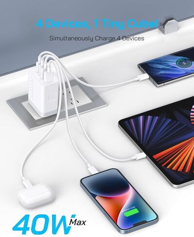 40W USB C Block Charger | كتل شحن سريعة 4 منفذ (2 USB-C + 2 USB-A) | PD3.0/QC3.0 شاحن جدار مضغوط لـ I Phone 16/14/14/13/11/11/X/8 ، Galaxy S25/S24/S23/S22 ، I Pad ، Pods Air & More (2-pack) in Saudi Arabia