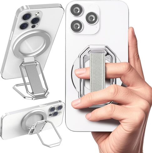 (2025 Upgraded) 4-in-1 Magnetic Phone Grip Stand for MagSafe with Finger Strap Loop, Removable Ring Holder for iPhone 16 Pro Max 15 14 13 12, Kickstand for Hands-Free View at Home Work Travel - Silver in Saudi Arabia