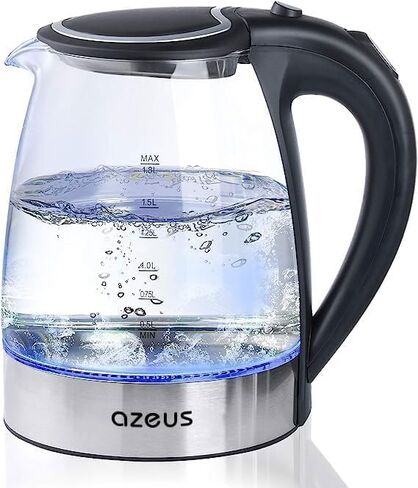 Azeus Glass Electric Kettle-1.8L Fast Goiling Auto-Shutoff & Anti Heat Safety Clostle for Home/Office ، Gorosilicate Glass مع مؤشر LED (أبيض) in Kuwait