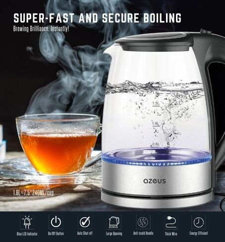 Azeus Glass Electric Kettle-1.8L Fast Goiling Auto-Shutoff & Anti Heat Safety Clostle for Home/Office ، Gorosilicate Glass مع مؤشر LED (أبيض) in Kuwait