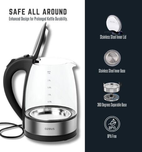 Azeus Glass Electric Kettle-1.8L Fast Goiling Auto-Shutoff & Anti Heat Safety Clostle for Home/Office ، Gorosilicate Glass مع مؤشر LED (أبيض) in Kuwait