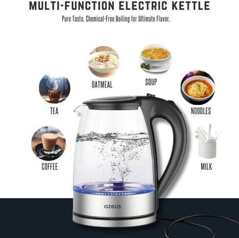 Azeus Glass Electric Kettle-1.8L Fast Goiling Auto-Shutoff & Anti Heat Safety Clostle for Home/Office ، Gorosilicate Glass مع مؤشر LED (أبيض) in Kuwait