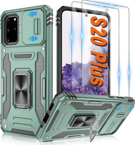 ATUMP for Samsung Galaxy S20 Plus Case with [2 Pack] HD Screen Protector & Slide Camera Cover, 360° Rotation Ring Kickstand [Military Grade] Shockproof Protective Case for Galaxy S20+, Black in Kuwait
