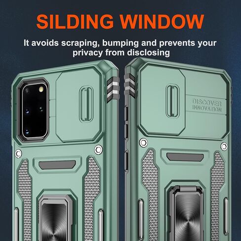 ATUMP for Samsung Galaxy S20 Plus Case with [2 Pack] HD Screen Protector & Slide Camera Cover, 360° Rotation Ring Kickstand [Military Grade] Shockproof Protective Case for Galaxy S20+, Black in Kuwait