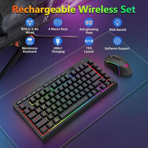 Redragon Wireless Gaming Keyboard and Mouse Combo, Bluetooth/2.4G/USB-C, RGB Backlit, Macro Keys, Rechargeable, Software Support, 75% Portable Quiet Membrane Keyboard & 12800 DPI Mouse in Saudi Arabia