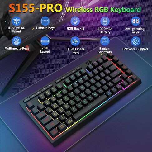 Redragon Wireless Gaming Keyboard and Mouse Combo, Bluetooth/2.4G/USB-C, RGB Backlit, Macro Keys, Rechargeable, Software Support, 75% Portable Quiet Membrane Keyboard & 12800 DPI Mouse in Saudi Arabia