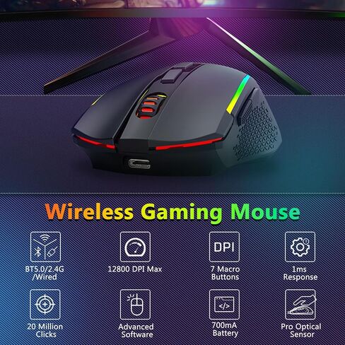 Redragon Wireless Gaming Keyboard and Mouse Combo, Bluetooth/2.4G/USB-C, RGB Backlit, Macro Keys, Rechargeable, Software Support, 75% Portable Quiet Membrane Keyboard & 12800 DPI Mouse in Saudi Arabia