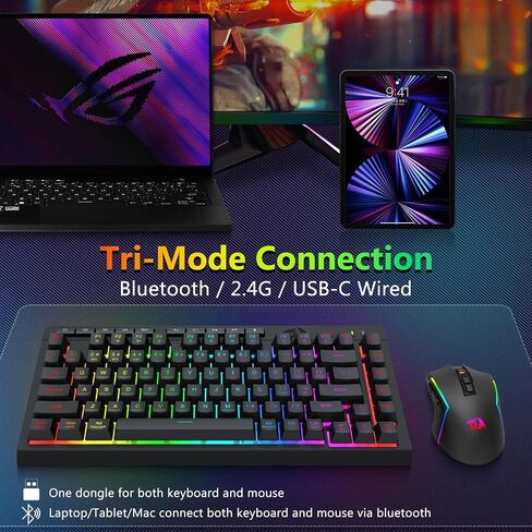 Redragon Wireless Gaming Keyboard and Mouse Combo, Bluetooth/2.4G/USB-C, RGB Backlit, Macro Keys, Rechargeable, Software Support, 75% Portable Quiet Membrane Keyboard & 12800 DPI Mouse in Saudi Arabia