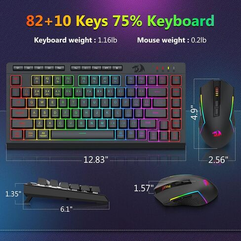 Redragon Wireless Gaming Keyboard and Mouse Combo, Bluetooth/2.4G/USB-C, RGB Backlit, Macro Keys, Rechargeable, Software Support, 75% Portable Quiet Membrane Keyboard & 12800 DPI Mouse in Saudi Arabia
