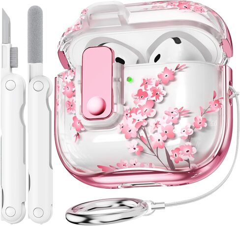 لغطاء Apple Airpod 4 Case 2024 مع قفل ، Clear TPU Floral Airpod Generation Generation for Women Girly ، Air Pod Gen 4 Pro Case with Keychain & Cleaner Kit- Pink Peach Flower in Kuwait