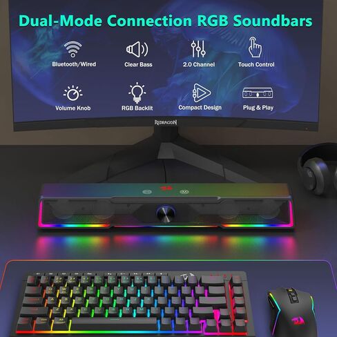 Redragon GS516 مكبر صوت الكمبيوتر ، Bluetooth/USB سلكية الاتصال المزدوج الصوتية - صوتي واضح مع إضاءة الخلفية المزامنة مصارعة الصوت ، مقبض الصوت ، USB مدعوم من الكمبيوتر/التلفزيون/الكمبيوتر اللوحي ، الأسود in Saudi Arabia