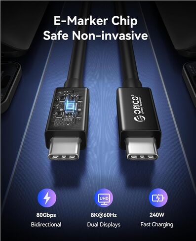 ORICO 80Gbps Bidirectional USB-C Cable, 120Gbps Unidirectional for Dual 8K@60Hz Video, 240W Fast Charging, 4.9FT - Compatible with Thunderbolt 5/4/3, USB4 & USB-C Devices in Saudi Arabia