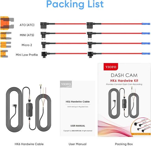 طقم Viofo Type-C HK6 ACC Hardwire مع 8pcs مجموعة FUSE FUSE كاملة لسلسلة A329S ، ودعم وضع وقوف السيارات الهجين ، وشاشة الجهد التلقائي ، واستهلاك الطاقة المنخفضة in Saudi Arabia