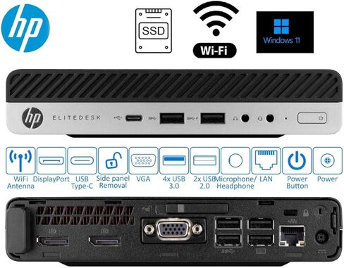 HP Elitedesk 800 G3 Mini Desktop PC ، Windows 11 Pro ، 16GB DDR4 RAM ، 512GB SSD ، CORE I5-6500T Processor ، USB WiFi+BT ، لوحة المفاتيح والماوس (متجدد) in Kuwait