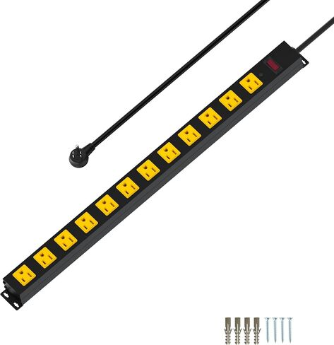 Metal 12 Outlet Mountable Power Strip, Surge Protector Heavy Duty Cord Wide Spaced and Wall Mount Metal Powerstrip for Outdoor, Desk, Garage, Industrial, Shop and Indoor (6ft) in Kuwait