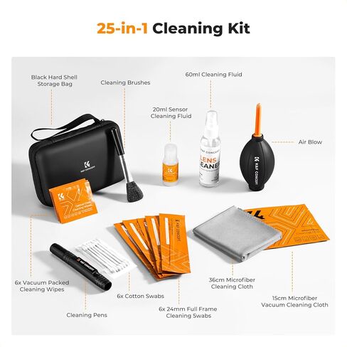 K & F Concept 25-1 مجموعة كاميرات تنظيف الكاميرا الاحترافية لكاميرات DSLR مع مسحات تنظيف مستشعرات APS-C/60 مل و 20 مل من مناديل/تنظيف المناديل/تنظيف الكاميرا/العدسة قلم القلم/قطعة قماش/حالة حمل in Kuwait