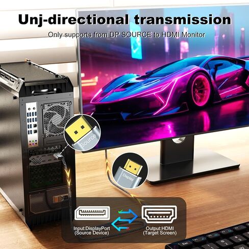 DisplayPort to HDMI 2.1 Cable 10FT 8K@60Hz 4K@120Hz Uni-Directional DP (Source) to HDMI (Display) Braided Cord Supports HDCP 2.3 HDR10 Display Port for AMD,NVIDIA,and PC in Saudi Arabia