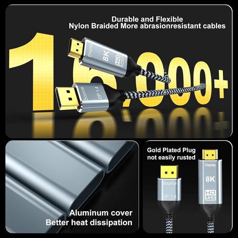 DisplayPort to HDMI 2.1 Cable 10FT 8K@60Hz 4K@120Hz Uni-Directional DP (Source) to HDMI (Display) Braided Cord Supports HDCP 2.3 HDR10 Display Port for AMD,NVIDIA,and PC in Saudi Arabia