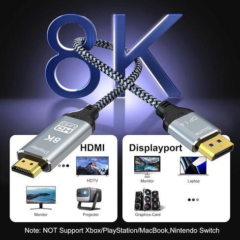 DisplayPort to HDMI 2.1 Cable 10FT 8K@60Hz 4K@120Hz Uni-Directional DP (Source) to HDMI (Display) Braided Cord Supports HDCP 2.3 HDR10 Display Port for AMD,NVIDIA,and PC in Saudi Arabia