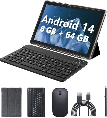 CUPEISI Android 15 Tablet 10.1 Inch 2 in 1 Tablets with Keyboard/Mouse/Case/Stylus, 8GB RAM+32GB ROM (Max 1TB), 1.8Ghz Quad-core Processor, 1280 * 800 IPS HD Touch Screen, 2.4G/5G Wifi6 BT 5.0 Tablet in Kuwait