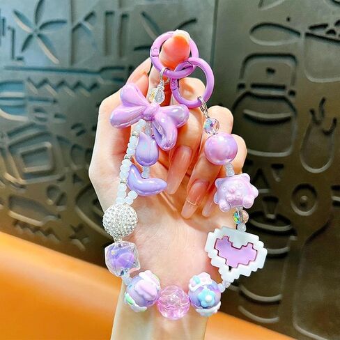 1pc Colorful Heart Bead Phone Lanyard Keychain Cute Bow Crystal Anti-lost Rope Bling Bling Heart Bag Pendant Bag Accessories in Saudi Arabia