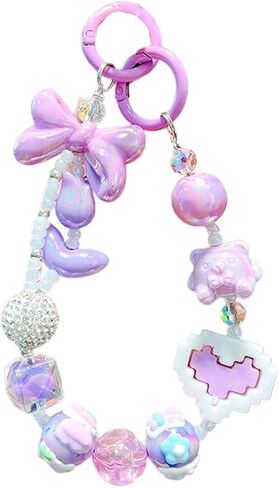 1pc Colorful Heart Bead Phone Lanyard Keychain Cute Bow Crystal Anti-lost Rope Bling Bling Heart Bag Pendant Bag Accessories in Saudi Arabia