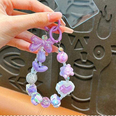1pc Colorful Heart Bead Phone Lanyard Keychain Cute Bow Crystal Anti-lost Rope Bling Bling Heart Bag Pendant Bag Accessories in Saudi Arabia