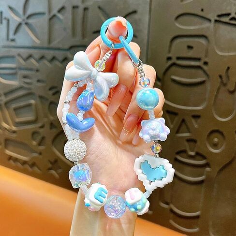 1pc Colorful Heart Bead Phone Lanyard Keychain Cute Bow Crystal Anti-lost Rope Bling Bling Heart Bag Pendant Bag Accessories in Saudi Arabia