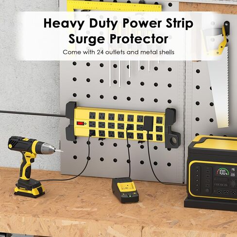 HHSOET Strice Huffice Power Strip مع حماية الطفرة ، Metal Metal Metal 24 Outlets Wall Mount for Garage Shop ، 15 أمبير ، التبديل ، سلك التمديد 6 أقدام ، أسود. in Kuwait