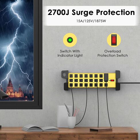 HHSOET Strice Huffice Power Strip مع حماية الطفرة ، Metal Metal Metal 24 Outlets Wall Mount for Garage Shop ، 15 أمبير ، التبديل ، سلك التمديد 6 أقدام ، أسود. in Kuwait