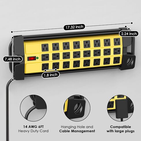 HHSOET Strice Huffice Power Strip مع حماية الطفرة ، Metal Metal Metal 24 Outlets Wall Mount for Garage Shop ، 15 أمبير ، التبديل ، سلك التمديد 6 أقدام ، أسود. in Kuwait