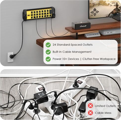HHSOET Strice Huffice Power Strip مع حماية الطفرة ، Metal Metal Metal 24 Outlets Wall Mount for Garage Shop ، 15 أمبير ، التبديل ، سلك التمديد 6 أقدام ، أسود. in Kuwait